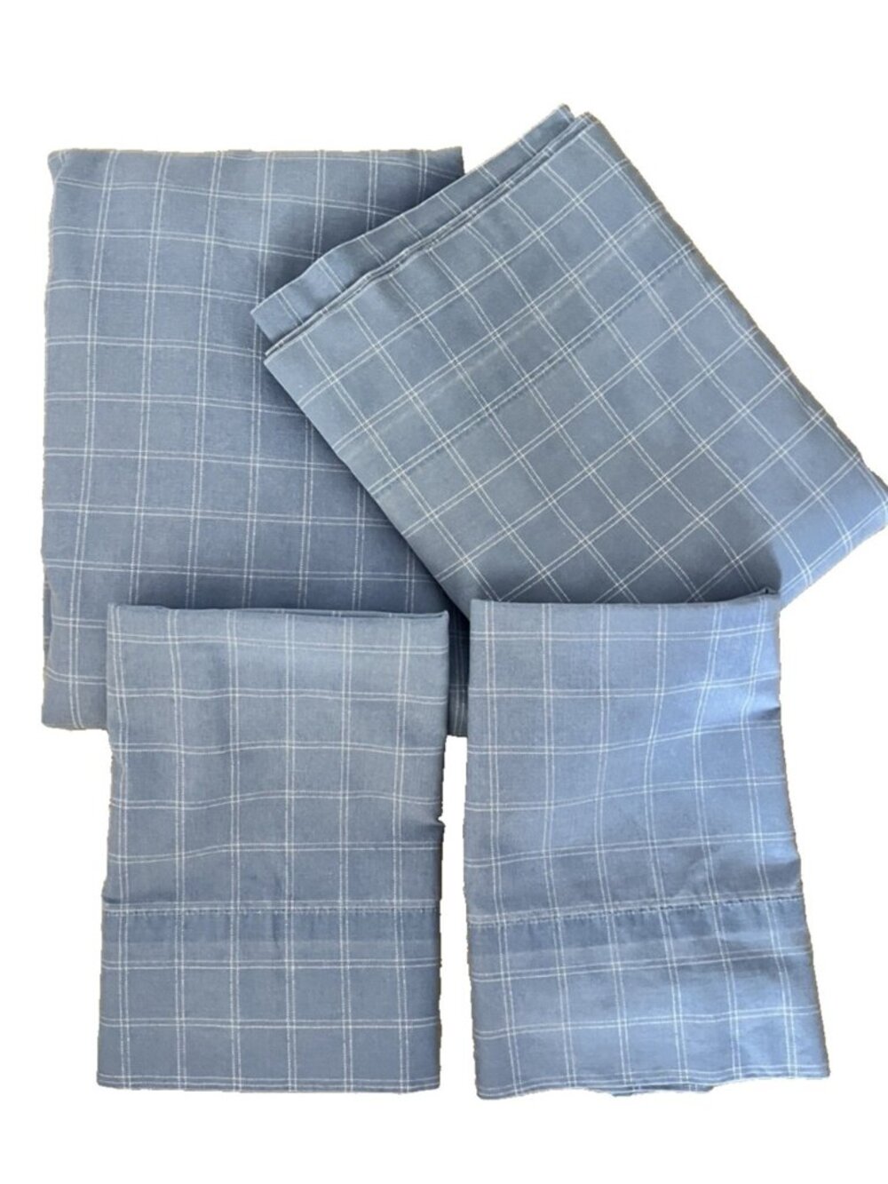 MARTHA STEWART Everyday King Sheet Set 4 Pc Windowpane Plaid Blue USA Made VTG